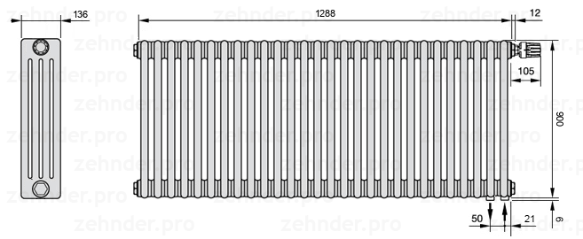 Схема (чертеж) Радиатор Zehnder Charleston 4090/28 №V002 Белый глянцевый RAL 9016
